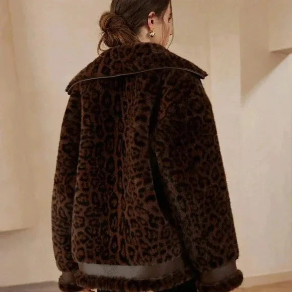 Brown Casual Women's Leopard Print Patchwork Fluffy Faux Leather Aviator Jacket - Picture 2 of 8